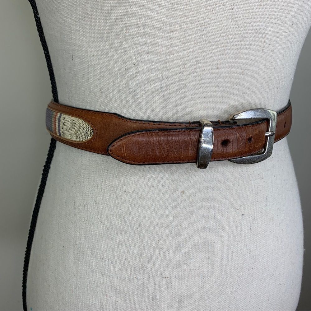 ‎Brown Leather and Western Fabric Belt w/Silver